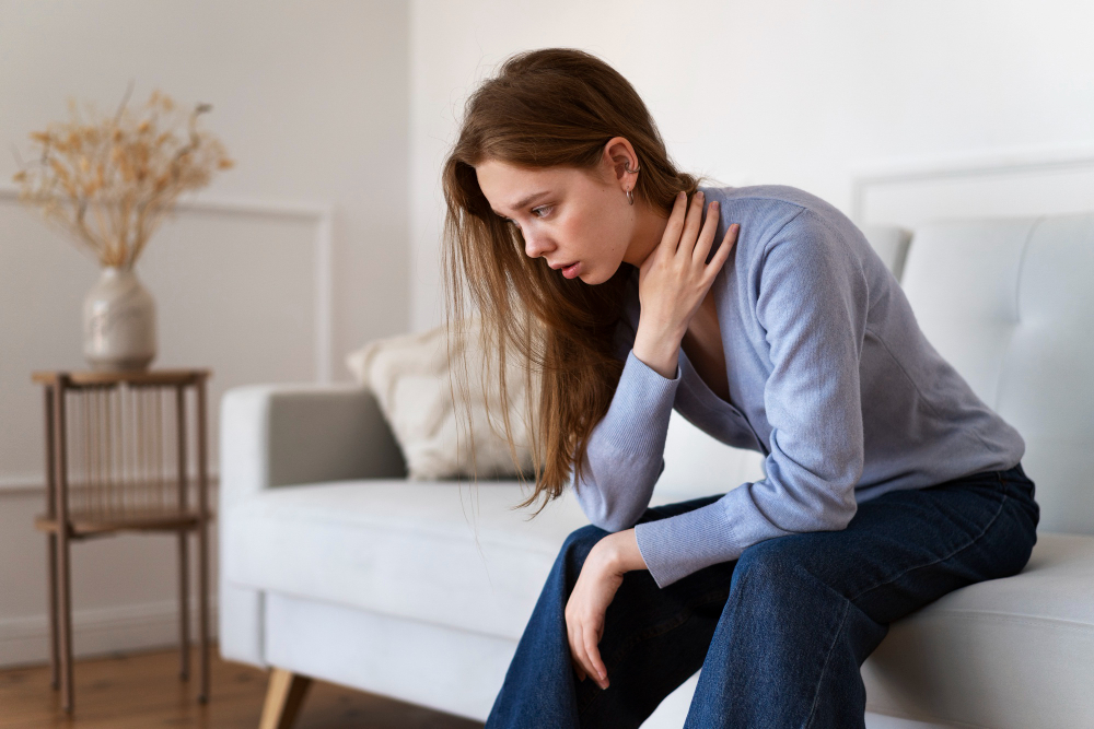 Woman feeling anxious while sitting on a couch.